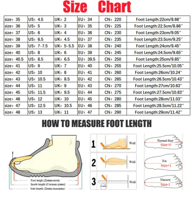 Shoe size chart with measurements for various countries and foot length measurement guide.