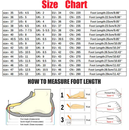 Shoe size chart with measurements for various countries and foot length measurement guide.